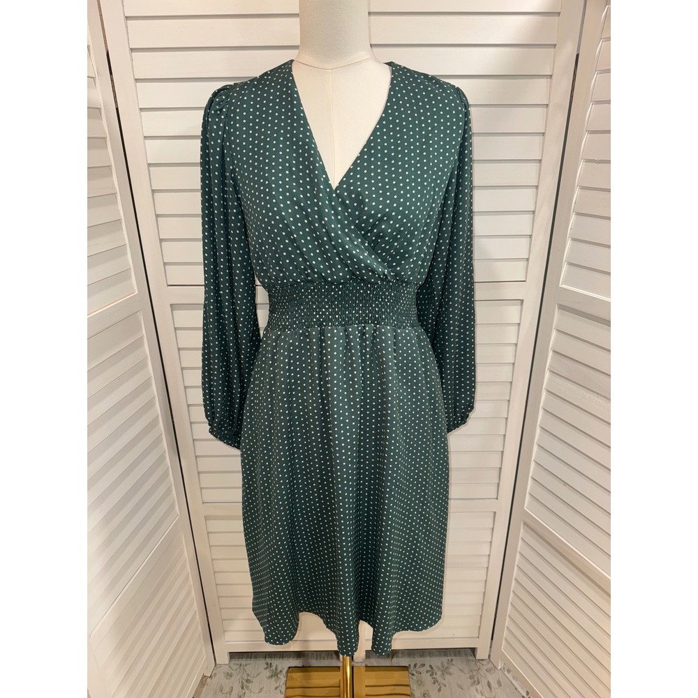 Draper James RSVP Midi Dress Womens Small Green Polka Dot Smocked Waist V-Neck S - Picture 2 of 7